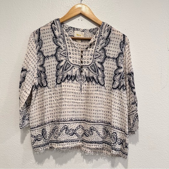 Anthropologie Tops - Maeve Anthropologie Morgan Heart Fringe Top in Blue Cream Sz XS